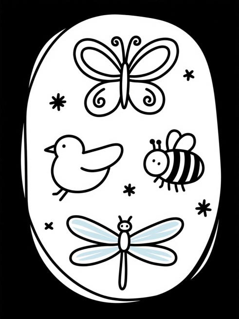 极简手绘风格，白色背景，用连续流畅的黑色粗线条勾勒出四只动物：一只蝴蝶（翅膀呈对称椭圆形，带有卷曲装饰）、一只小鸟（身体圆润，翅膀简化为弧线，喙部尖细）、一只蜜蜂（椭圆形身体，带有条纹状腹部，翅膀为透明质感的短弧线）、一只蜻蜓（细长身体，两对宽大透明翅膀呈对称展开），每只动物线条简洁可爱，形态卡通化，周围点缀2-3个黑色小十字星作为装饰，整体构图平衡，保持手绘的自然笔触感。预览效果