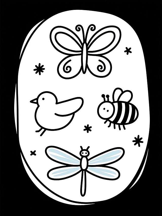 极简手绘风格，白色背景，用连续流畅的黑色粗线条勾勒出四只动物：一只蝴蝶（翅膀呈对称椭圆形，带有卷曲装饰）、一只小鸟（身体圆润，翅膀简化为弧线，喙部尖细）、一只蜜蜂（椭圆形身体，带有条纹状腹部，翅膀为透明质感的短弧线）、一只蜻蜓（细长身体，两对宽大透明翅膀呈对称展开），每只动物线条简洁可爱，形态卡通化，周围点缀2-3个黑色小十字星作为装饰，整体构图平衡，保持手绘的自然笔触感。