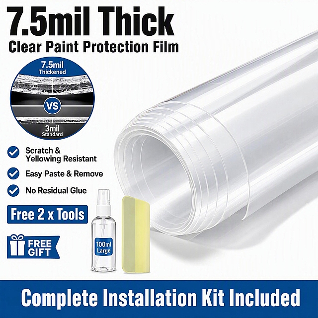 [单张主图] 透明车漆保护膜（Clear Paint Protection Film）+ 2件安装工具套装，亚马逊跨境爆款促销感主图，1:1白底主视觉，核心目标是3秒内传达「7.5mil加厚车漆保护膜 + 买即赠2件安装工具」的差异化卖点，突出厚度优势与高性价比，提升点击率和转化。

[画面主体] 画面中心偏右为一卷透明TPU车漆保护膜，呈横向圆柱卷状摆放，膜体透明高光亮洁，能清晰看到膜的厚度截面，产品外观、材质、透明质感与输入图一致。主体占画面约50%-55%。在保护膜卷的左下方位置，合理摆放2件赠品工具：1瓶100ml透明喷瓶（带白色喷头，瓶身蓝色标签写100ml Large）和1块浅黄色梯形刮板，两件工具尺寸比例真实，呈自然陈列状态，与主品形成套装感，不遮挡主品关键结构。

[构图版式] 采用「左文右品标签参数型」爆款版式。左侧约40%区域为信息区，右侧约60%为产品展示区。底部用一条深蓝色通栏信息条收口，强化套装价值感。

[场景元素] 纯白色背景，干净无杂物，符合亚马逊白底主图规范。产品下方有柔和自然的接触阴影，不悬浮。赠品工具旁有小型「FREE GIFT」角标标识。画面中上部偏左位置，用一个醒目的圆形厚度对比示意图作为证据组件：圆形内展示7.5mil加厚膜层截面，与普通薄款形成视觉对比，直观体现差异化。

[文案版式] 所有可见文字均为英文，字体为粗黑体无衬线，强对比高可读。
- 左上主标题（最大号粗黑字）：7.5mil Thick
- 主标题下方第二行：Clear Paint Protection Film
- 左侧中部3组卖点短句（带勾选图标）：
  ✓ Scratch & Yellowing Resistant
  ✓ Easy Paste & Remove
  ✓ No Residual Glue
- 赠品区上方标签：Free 2 x Tools
- 底部深蓝色通栏白字：Complete Installation Kit Included
文字全部放在左侧留白区和底部通栏，不遮挡产品主体。主标题字号最大，卖点文字缩小50%以上，层级分明。

[光影质感] 商业摄影棚拍质感，主光从左上方45度打下，产品表面有干净高光，透明膜体体现通透折射感，膜卷边缘厚度清晰可见。阴影柔和自然，白底干净均匀。整体画面高清锐利，材质真实。

[配色字体] 主背景纯白色，主文字深灰近黑色，强调色为深蓝色（底部通栏+标签），辅助点缀色为浅灰色。字体统一使用现代无衬线粗黑体，字重对比强烈，标题粗重醒目，说明文字清晰易读。

[比例分辨率] 1:1正方形，2048x2048px，2k高清，文字清晰可辨。

[负向提示词] 产品变形、膜体颜色偏差、工具形状错误、文字模糊错字、水印、平台Logo、多余装饰边框、背景杂乱、悬浮无阴影、主体被遮挡、中文文字、虚假认证标识、夸张光效、低清晰度、畸形结构
