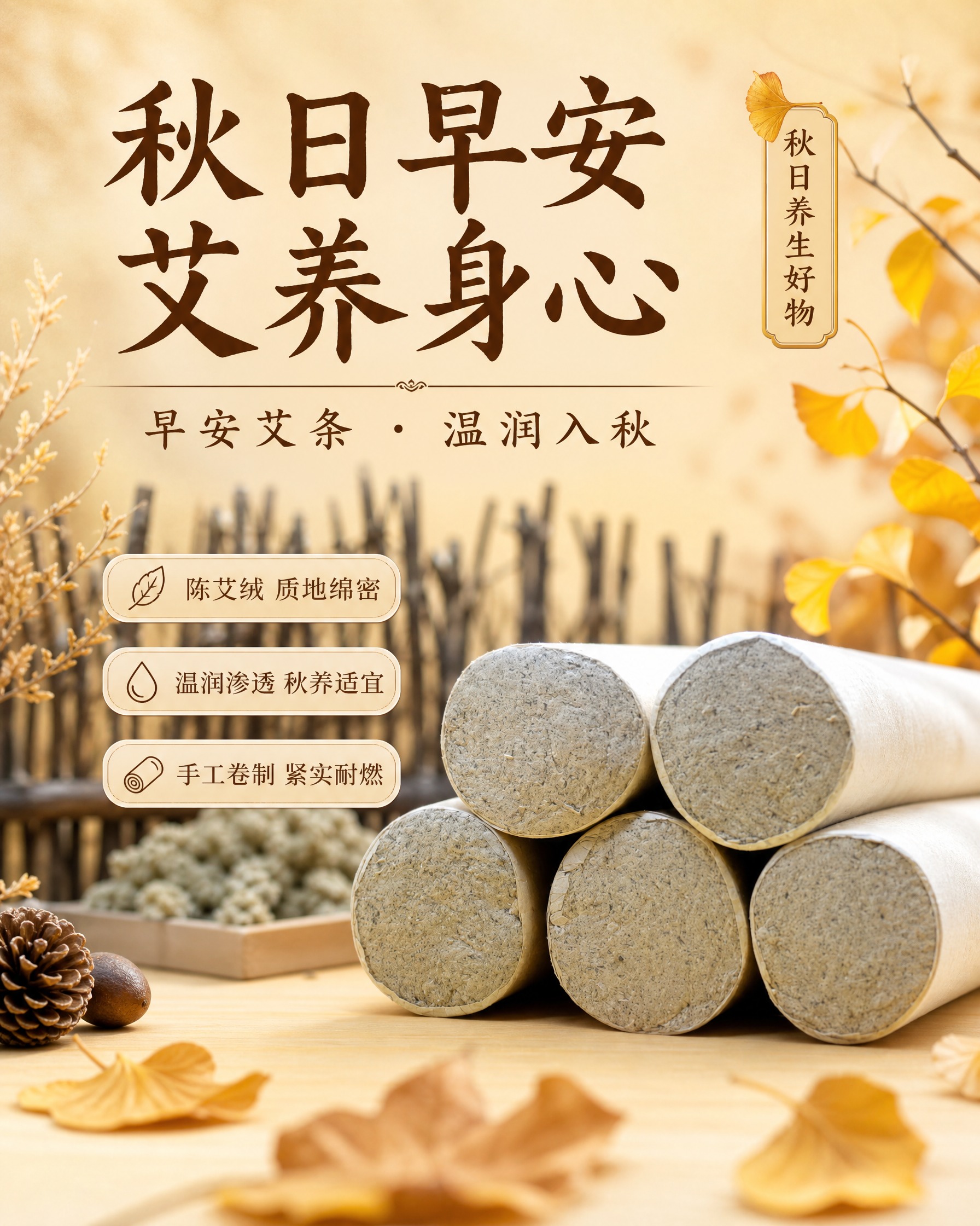基于上传的艾条产品图，制作一张竖版秋日早安艾条宣传海报。艾条产… - 图片创意预览