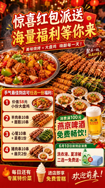 将海报主标题"每日11点准时发红包"修改为"惊喜红包派送，海量福利等你来"，其他所有文案、图片、布局、风格保持不变预览效果