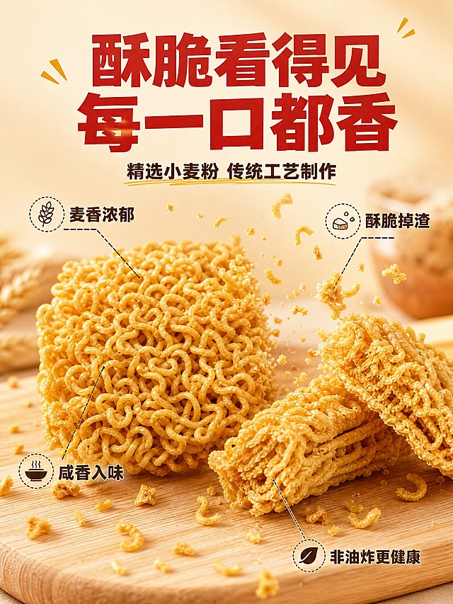 [主图-2] 核心亮点与口感展示，主题：酥脆看得见 真材实料好味道。
[统一基调] 暖调食欲感风格，背景主色为暖米色+浅木色，标题字色为暖红色，辅助字色为深棕色，强调色为金黄色，字体为粗黑体厚重有力量感，字号层级分明，卡片用圆角浅米色半透明底，整体温馨有食欲。
[画面] 画面中心为一块完整的干脆面面饼特写，旁边有掰开的两半，断面展示出层层酥脆的纹理，金黄酥脆的碎屑飞溅在空中，捕捉动态瞬间。面饼下方是浅木色砧板，周围散落少量干脆面碎。用细引线从面饼不同部位引出，分别标注"麦香浓郁"、"酥脆掉渣"、"咸香入味"、"非油炸更健康"四个卖点。产品占画面约70%，微距特写视角。
[光影质感] 自然暖光从侧上方照射，干脆面表面金黄油亮，纹理层次分明，碎屑有动态模糊感，整体微距质感清晰诱人。
[配色] 暖米色背景+金黄色干脆面+暖红标题+深棕辅助文字，整体暖调统一。
[文字版式] 画面顶部大标题"酥脆看得见 每一口都香"，下方小字"精选小麦粉 传统工艺制作"。四个引线标注文字为深棕色，配小图标。文字均为横排，不遮挡面饼主体。
[输出要求] 3:4竖版比例，文字清晰可读，产品清晰完整不变形，无错字，无水印，无平台Logo，画面干净有食欲。禁止变形、模糊、杂乱、悬浮、穿模。