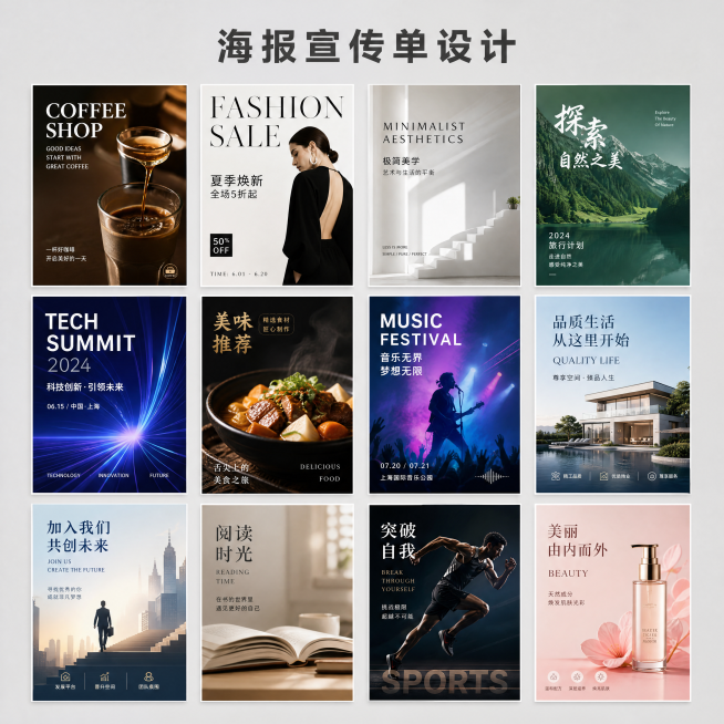 [主图-3] 海报宣传单设计专项淘宝主图。
[氛围风格] 现代潮流排版风格，专业平面设计氛围，简约商务色调，浅灰色高级底色。
[画质] 高清细节丰富，柔和光影，无水印，电商商用质感高级。
[元素] 将预览效果