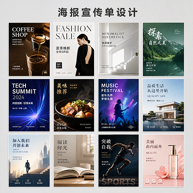 [主图-3] 海报宣传单设计专项淘宝主图。
[氛围风格] 现代潮流排版风格，专业平面设计氛围，简约商务色调，浅灰色高级底色。
[画质] 高清细节丰富，柔和光影，无水印，电商商用质感高级。
[元素] 将多款创意海报、活动宣传单、广告页设计作品以宫格方式展示，版式布局合理丰富不杂乱，每个作品保留完整展示区域，作品之间用极细浅色线条分隔，突出设计多样性。整体作品展示饱满不拥挤，商品主体占比控制在75%左右。
[光影] 整体均匀柔光，每个作品光影一致，细节清晰，画面通透不发灰，浅灰色背景衬托作品更有质感。
[配色] 浅灰色高级背景，作品保持原有设计色彩，整体色调统一为简约商务低饱和度风格，视觉舒适。
[视角构图] 平面宫格展示，平视居中构图，版式错落有致，不呆板。
[文字版式] 画面顶部居中放置标题"海报宣传单设计"，深灰色粗体，大小适中，不遮挡作品展示区域，文字清晰可读。
[比例分辨率] 1:1比例，4k分辨率，超高清画质。
[负向提示词] 变形，水印，文字错乱，背景杂乱，版式拥挤，作品重叠