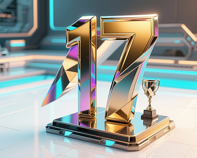 按照需求生成金属字体标志 “17”，突出金色与彩金色光泽，结合创意抽象变形设计，呈现未来主义高级质感。文字下边有个奖杯台子