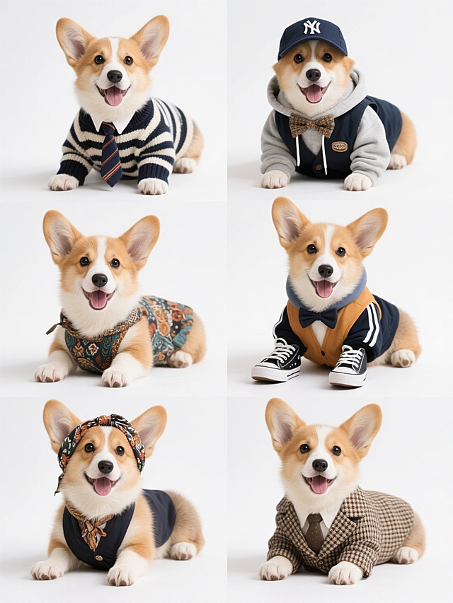 一组6只威尔士柯基幼犬的系列摄影集合，每只都保持相同的趴卧姿态、明亮生动的眼神和张开的嘴巴，白色纯色背景，高清商业摄影质感，柔和均匀的光线，清晰的毛发纹理细节。每只柯基穿着完全不同的时尚服装：1. 学院风条纹毛衣配小领带；2. 街头风连帽卫衣和棒球帽；3. 绅士风格的马甲和领结；4. 运动风格的背心和运动鞋；5. 波西米亚风的印花头巾和马甲；6. 复古风格的格纹西装外套。所有柯基在白色背景上呈规整的2x3网格排布，每只的服装颜色与整体画面色彩形成和谐对比，保持统一的摄影风格和高质量细节。