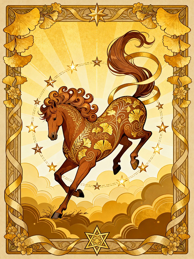 新中式扁平插画风格，明亮饱和的画面，画面细节丰富，风格参考是新艺术运动（Art Nouveau）风格，暖金色调画面，侧面马：棕底色、细腻金色纹理装饰的马（鬃毛呈向夸张卷曲的造型，毛发飘逸，躯体有细密的曲线金黄银杏叶纹饰与线条肌理，弯曲大长尾巴渐变成丝带环绕身体，尾巴向上翘），马呈现从上往下冲地姿态，屁股高翘，前蹄触地后蹄收缩；骏马位于画面中心，一圈星星环绕马（部分发光，有细线）；场景设定为暖黄渐变背景（放射状光效，许多深浅不一的金色云朵图形层叠，明亮），星星装饰元素，边框环绕纹饰（金黄银杏叶、花卉、星形装饰元素），细节丰富的六芒星，有粗细变化的丝带环绕边框。以流畅曲线、繁复装饰纹样为核心，兼具华丽复古感与艺术装饰性，场景设定为暖黄渐变背景，边框层次丰富，