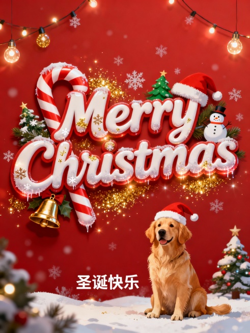 圣诞红背景，中间是圣诞主题的艺术字体“Merry Christmas ”，字体风格充满节日氛围，带有拐杖糖条纹、雪花纹理、金色闪光粒子，字形圆润可爱、略带手写感。字体边缘带有轻微冰霜效果和微光。融入圣预览效果