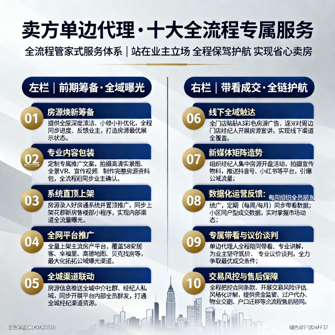 专业地产服务海报，现代简约商务风格，蓝金主色调，单边代理主题，包含完整的十大服务内容文字。顶部中央大字"卖方单边代理·十大全流程专属服务"，其下小字"全流程管家式服务体系 | 站在业主立场 全程保驾护预览效果