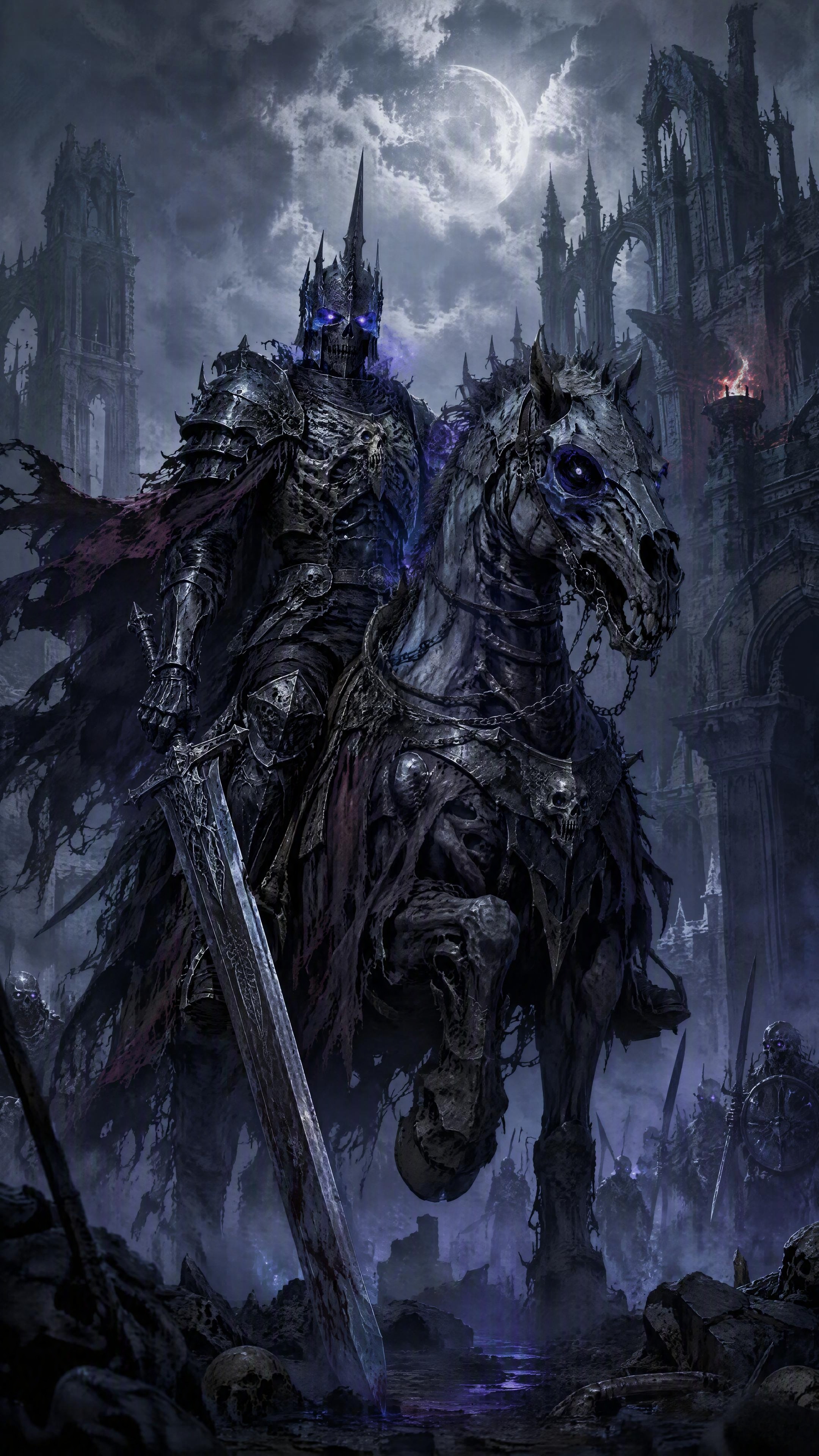 暗黑中世纪骷髅骑士竖版背景，一位身披残破铠甲的骷髅骑士骑在骷髅… - 图片创意预览
