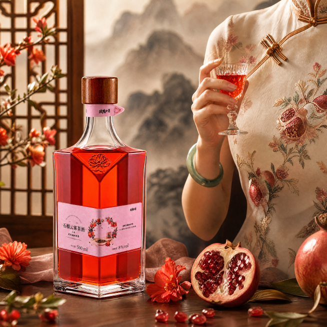 商业电商主图，1:1尺寸，精修好的石榴云雾茶酒酒瓶放置在画面左侧，画面右侧是复古旗袍女生，不露脸，女生手端着装有酒的果酒杯，用新鲜石榴和石榴花做点缀装饰，背景为新中式风格，整体氛围高级有质感，保持酒瓶预览效果