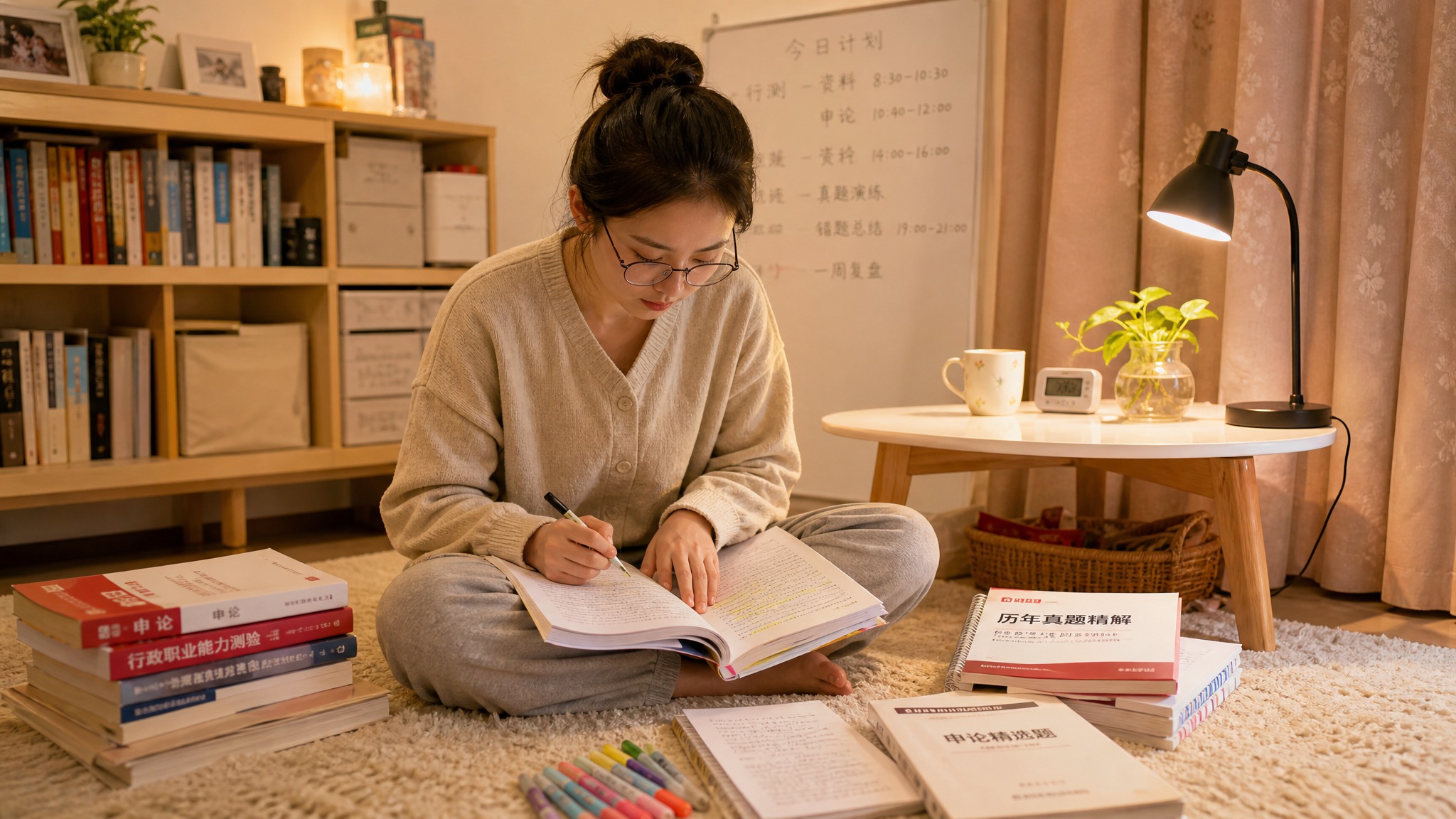 一位25-30岁的女性学生，在书房地毯上盘腿坐着学习公务员考试… - 图片创意预览