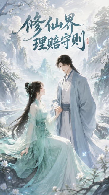 漫剧封面，9:16比例，背景非纯白色，古风修仙场景，图1的古装男主和图2的古装女主有互动，画面上方添加剧名文字“修仙界理赔守则”，古风漫画风格，仙侠氛围预览效果