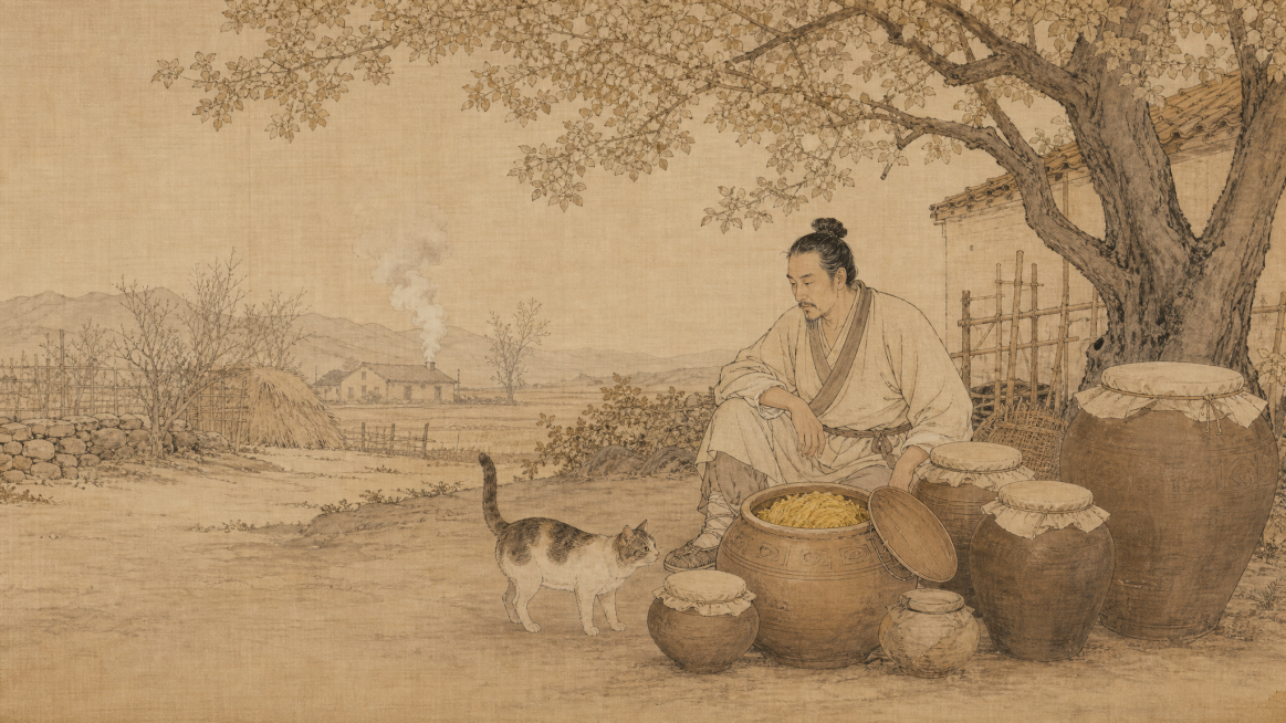 中国古典绢本横幅，工笔白描风格，绘一位北魏农人坐在院中树下，面前摆着几只不同大小的密封陶缸，一只缸盖打开露出金黄色腌菜，旁边有一只猫在嗅闻，远景炊烟袅袅，整体安静田园感，淡墨赭石色调，无文字，比例16预览效果