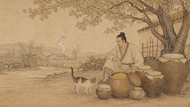 中国古典绢本横幅，工笔白描风格，绘一位北魏农人坐在院中树下，面前摆着几只不同大小的密封陶缸，一只缸盖打开露出金黄色腌菜，旁边有一只猫在嗅闻，远景炊烟袅袅，整体安静田园感，淡墨赭石色调，无文字，比例16:9