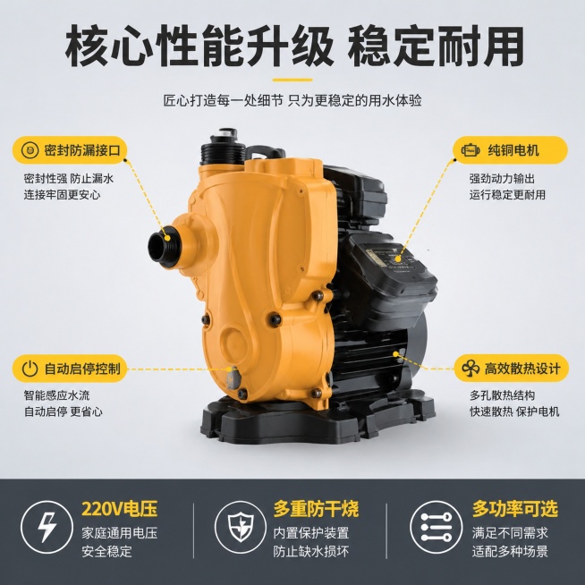[主图-2] 水骆驼自吸泵核心功能卖点展示
[氛围风格] 专业技术展示风，高信息密度
[画质] 商业摄影质感、光线柔和通透、产品清晰真实、画面干净高级
[元素] 水骆驼冷热水自吸泵主体产品大图居中放置预览效果