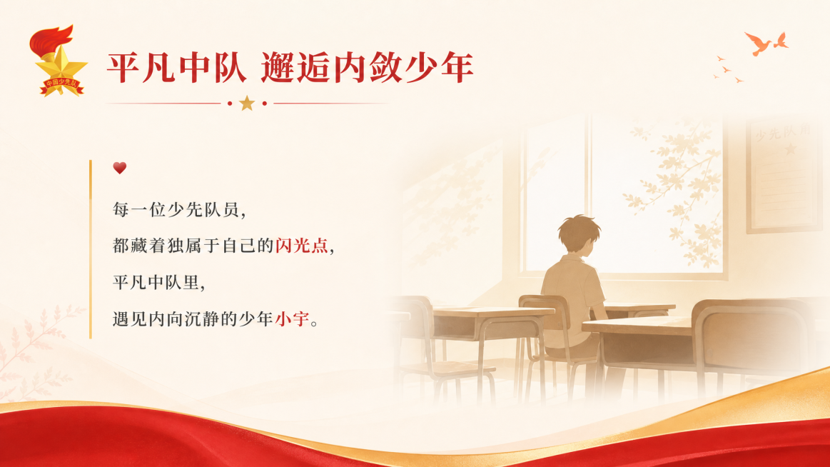 少先队宣讲PPT内页第二页，标题：平凡中队 邂逅内敛少年，左侧文字：每一位少先队员，都藏着独属于自己的闪光点，平凡中队里，遇见内向沉静的少年小宇，右侧为安静少年独坐教室的简约剪影图，整体淡暖色调，左侧预览效果