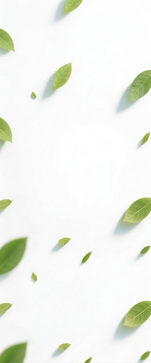 将图片背景替换为纯白色，保留原有的绿色落叶元素，保持落叶的细节和光影效果