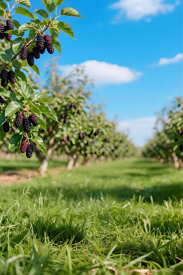 去掉图中草地上的瓶装产品，将所有苹果树改成桑葚树，替换叶子为桑葚叶，把所有苹果果实替换为紫黑色桑葚果实，保持整体蓝天草地果园的构图和光影不变