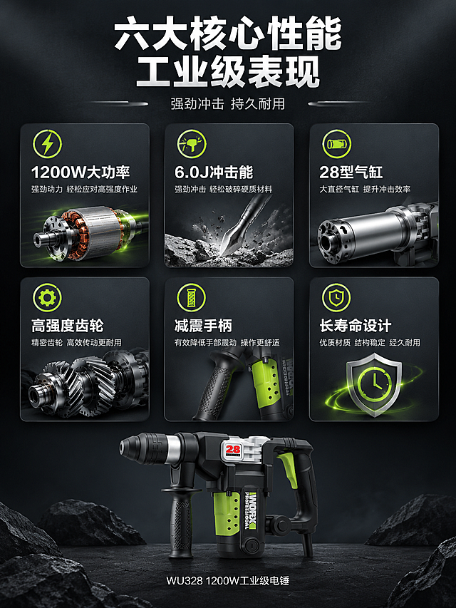 [商品] 使用【图1】威克士WU328 1200W工业级电锤；保留全部外观结构和配色；产品精修增强质感。
[画面] 页面目标：核心卖点总览，六大核心性能一目了然。构图：顶部主标题区，中部2×3六宫格卖点区，底部产品小图+型号。六宫格每格为一个核心卖点卡片：左上"1200W大功率"配电机图标；中上"6.0J冲击能"配冲击图标；右上"28型气缸"配气缸图标；左中"高强度齿轮"配齿轮图标；右中"减震手柄"配握柄图标；左下"长寿命设计"配寿命图标。底部中间放置产品侧视小图。
[视觉] 套系策略：风格=高级工业风商业摄影；标题字=粗黑无衬线体；正文字=简洁无衬线体；主色=深炭黑；背景延展=深炭灰渐变底，六宫格卡片为稍浅深灰底带细微纹理；强调色=荧光绿，用于图标、数据数字和卡片标题高亮；标题色=纯白色；正文色=浅灰色；组件=圆角深灰卡片、细线分割、荧光绿图标；光影=均匀柔光，卡片有轻微悬浮阴影。
[文字] 顶部居中主标题"六大核心性能 工业级表现"白色粗体，副标题"强劲冲击 持久耐用"稍小浅灰。六宫格每格上方荧光绿图标，中间白色卖点标题（4-6字），下方浅灰小字说明。底部"WU328 1200W工业级电锤"白色小字。文字全部横排，层级分明。
[规格] 图片比例3:4竖版，4K，避免变形、错字、文字过小、虚假结构、平台Logo水印。