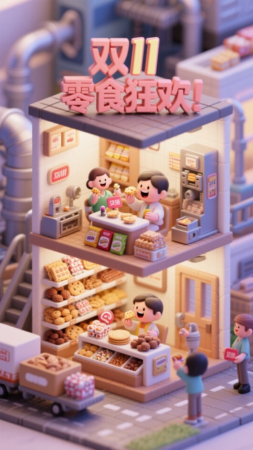 双层微缩场景 · 顶部立体字《双11零食狂欢》

第一层：主播试吃零食、与粉丝互动发福利。
第二层：饼干、糖果、坚果货架琳琅满目。
门外：食品工厂和运送零食。预览效果