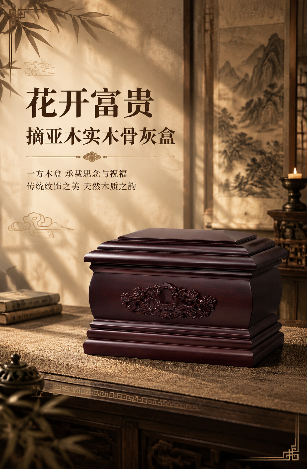 [商品] 使用【图1】花开富贵摘亚木实木骨灰盒正面45°图；保… - 图片创意预览
