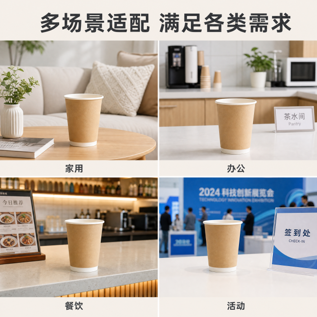[主图-3] 多场景使用适配宫格展示。
[氛围风格] 生活化真实场景，干净实用
[画质] 商业摄影质感、光线柔和通透、产品清晰真实、画面干净高级。
[元素] 四格宫格展示，每格展示一次性纸杯在一个场景预览效果