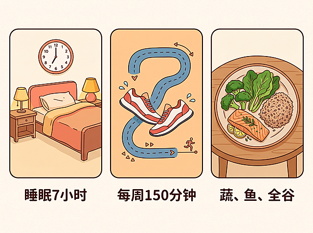 三格并列图标，第一格是时钟和床（睡眠7小时），第二格是跑步鞋和运动轨迹（每周150分钟），第三格是餐盘（蔬菜、鱼、全谷物）。每格下方标注关键词。暖色调，简洁扁平插画。