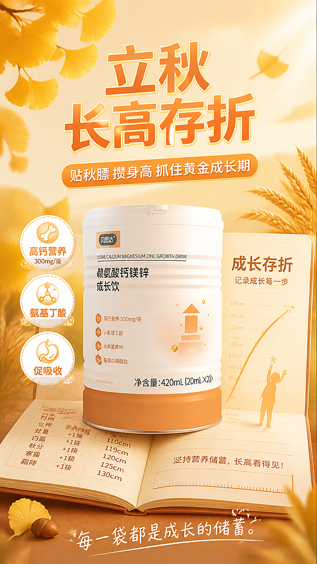 儿童营养成长饮品立秋节气海报，主题为「长高存折」概念。画面中央偏下是一罐儿童成长饮品，罐体为白色配暖橙色底部，罐身有品牌标识和产品文字，产品完整清晰，正面朝向，占画面约55%。背景是温暖的秋日橙黄色渐变，一本打开的成长存折作为产品承托，存折页面上有成长刻度和身高曲线装饰。画面上方有金黄的银杏叶、稻穗等立秋节气元素，柔和暖光从侧上方洒下，温馨成长氛围。画面顶部大标题：立秋长高存折。副标题：贴秋膘 攒身高 抓住黄金成长期。产品周围三个卖点标签：高钙营养、氨基丁酸、促吸收。底部装饰小字：每一袋都是成长的储蓄。整体风格儿童趣味、秋日温暖，暖橙金黄配色，版式精美，信息层级分明，文字清晰可读，四周留足安全边距。所有信息区域和文字内容完整填充，无空白占位。数字精确渲染。