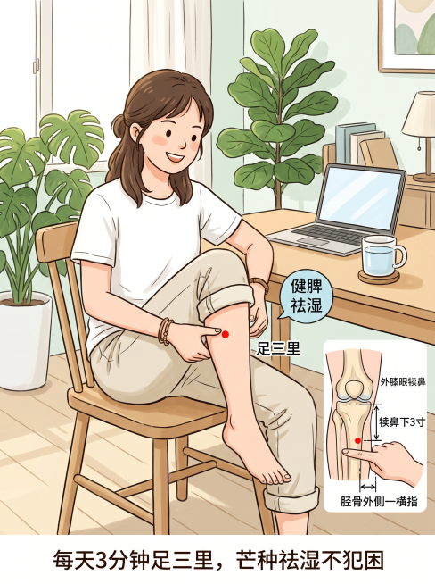 明亮简洁的居家办公室场景，一位穿着夏装的年轻女性坐在椅子上，裤腿卷到膝盖。她的一只手正在用大拇指按压小腿外侧的足三里穴位点，穴位处有一个红色小圆点标记，旁边标注"足三里"。画面中有定位示意图：膝盖外侧预览效果