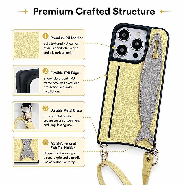 [Screen 3] Structure Analysis - Multi-function Design Introduction. This screen uses [image4], [image8], [image9] and [image10] to show key parts with labels.
[Atmosphere/Style] Professional product explanation style, clear structure annotation, clean and organized.
[Element Layout] The complete yellow phone case is placed on the right side, accounting for 60% of the space. On the left side, there are four annotation boxes pointing to the corresponding parts: PU leather back, flexible TPU edge, detachable metal buckle, multi-function fish tail holder. The physical structure and color of the product are completely consistent with the input image.
[Lighting & Texture] Soft side lighting, clear leather grain and metal luster, prominent layering.
[Color Scheme] Global background #FFFFFF, annotation boxes use light yellow background matching the product, black text, gold highlighting for key parts.
[Perspective & Composition] Left text right product asymmetric composition, clear visual focus.
[Text Layout] Title on the top "Premium Crafted Structure", each annotation has title: "Premium PU Leather", "Flexible TPU Edge", "Durable Metal Clasp", "Multi-functional Fish Tail Holder". Text is clear and does not cover the main body of the product.
[Proportion & Resolution] 1:1 square ratio, 4K resolution, clear text, high definition.
[Negative Prompt] Wrong annotation pointing, distorted structure, blurred texture, text confusion, wrong color.