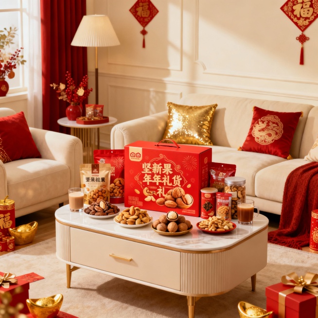 电商主题海报，纯画面图，不需要添加文字；核心元素：年货组合（坚果礼盒、零食包装、饮品）、背景，春节氛围下的奶油风客厅内茶几上摆放着年货组合；背景奶油风室内客厅。构图：年货组合居画面中央作视觉焦点，年货预览效果