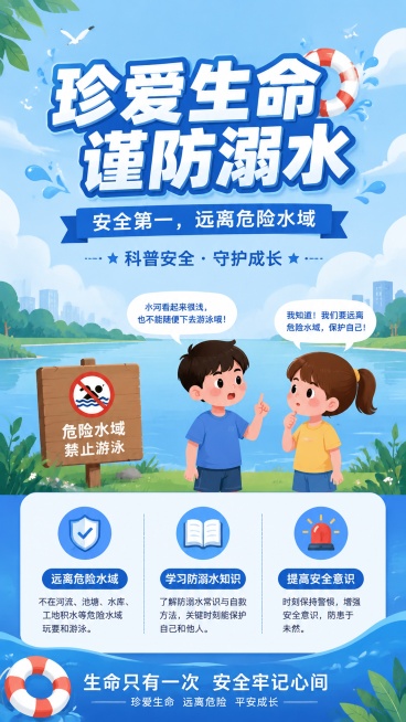 防溺水安全宣传海报，整体风格为卡通简约风格，蓝色为主色调。包含主标题"珍爱生命 谨防溺水"，副标题"安全第一，远离危险水域"，装饰文案"科普安全 · 守护成长"，卖点文案：远离危险水域、学习防溺水知识预览效果
