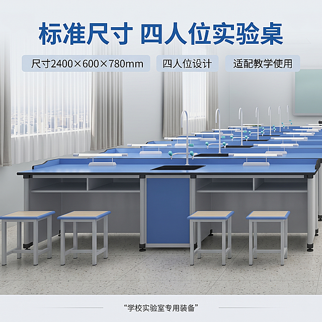 [主图 4] 铝木实验桌场景展示。[氛围风格] 干净专业的实验室展示风格。[画质] 商业摄影质感，光线柔和通透，产品清晰真实，画面干净高级。[元素] 完整铝木实验桌放置在标准现代化中学实验室中，保持产品外观（物理结构、材质颜色）与输入产品图绝对一致，杜绝任何变形和色差，背景有浅色墙面和干净的实验环境，突出产品正确的使用场景，商品主体占比约65%，画面清晰干净。[光影] 均匀明亮的室内布光，整体通透，没有明显死黑区域。[配色] 蓝色桌面搭配灰白柜体，实验室浅灰色背景，整体配色干净专业。[文字版式] 顶部主标题“标准尺寸 四人位实验桌”蓝色大字，下方三个卖点标签：「尺寸2400×600×780mm」「四人位设计」「适配教学使用」横向均匀排列，蓝色字浅色底。底部文字“学校实验室专用装备”灰色小字。[比例分辨率] 1:1比例，2k分辨率，文字清晰锐利，画面超高清。[负向提示词] 变形，水印，文字错乱，产品模糊，背景杂乱，多宫格杂乱排版。