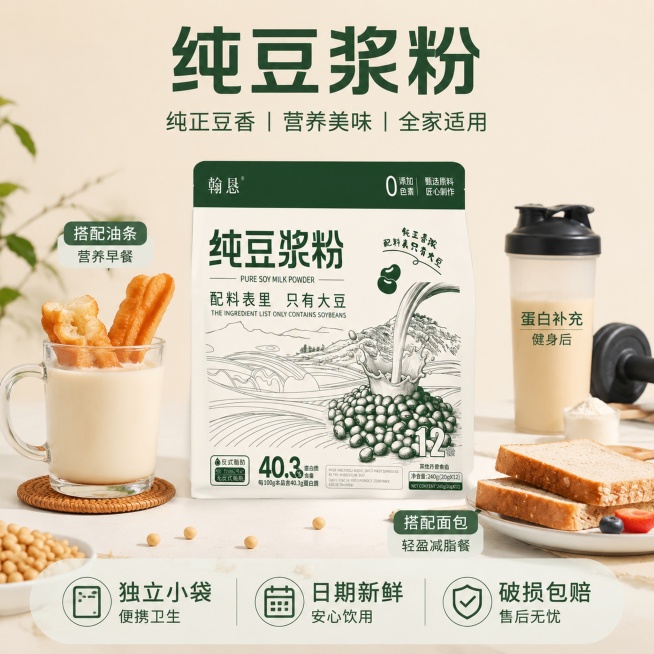 [主图-5] 纯豆浆粉全家福展示，多种吃法场景图。主体展示原包装纯豆浆粉放置画面中心，周围搭配三种不同吃法展示：加了油条的早餐杯、搭配面包的减脂餐、健身后补充蛋白粉杯，保持原产品包装外观与输入图片绝对预览效果