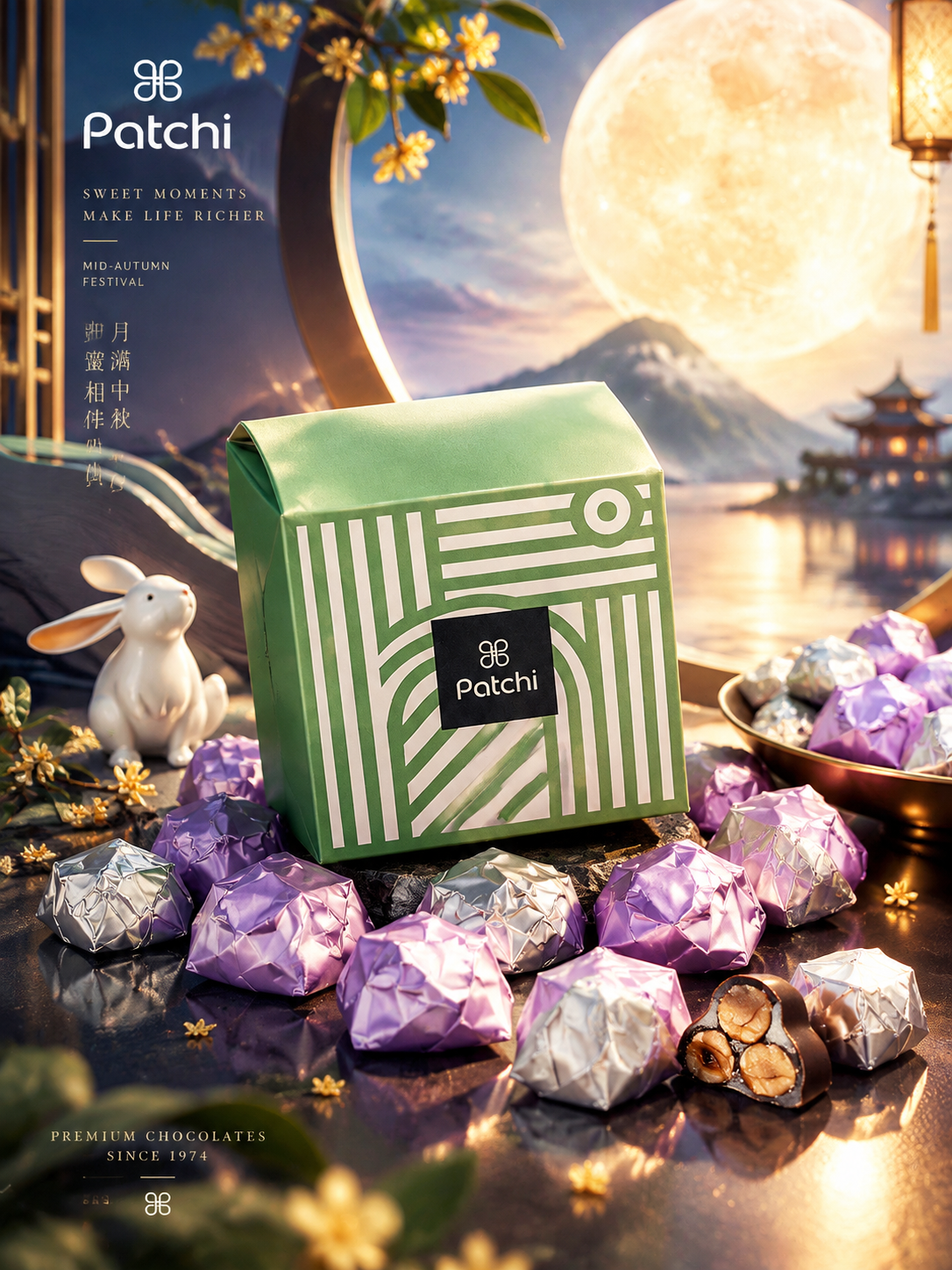 高端商业产品海报，主体是参考图中的Patchi巧克力礼盒与多颗… - 图片创意预览