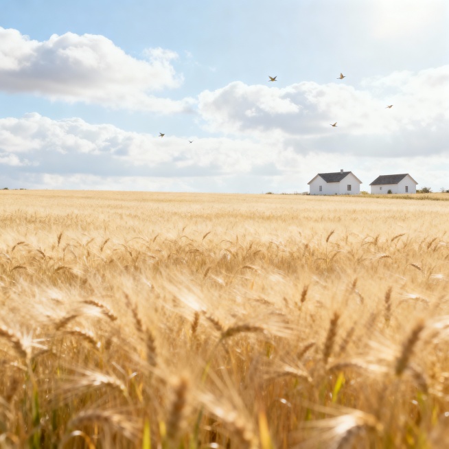 广阔的田野上，金色的麦浪随风起伏，远处有几座白色的小房子，天空中飘着几朵白云，阳光明媚，几只小鸟在空中飞翔，整体画面宁静祥和，充满自然气息预览效果