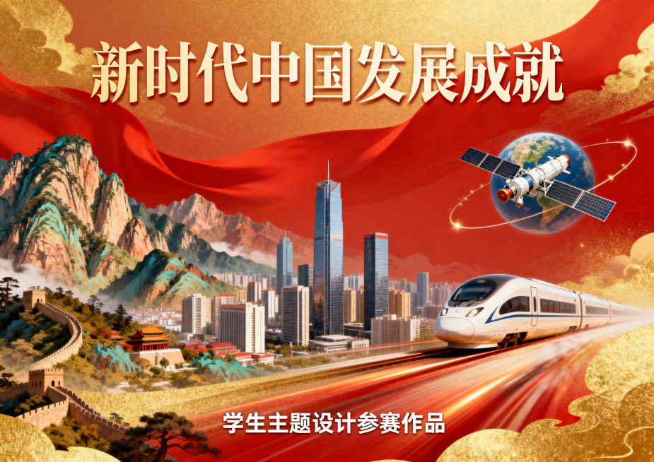 展示新时代中国发展成就的风景海报，画面包含壮丽山河、现代城市建筑、高速列车和航天卫星，整体色调喜庆大气，积极向上，适合学生主题设计参赛作品预览效果