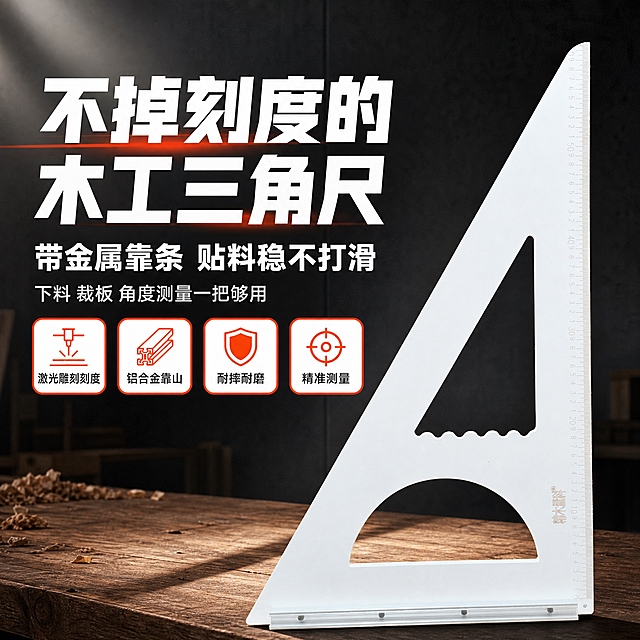 [主图-1] 首图点击率，主题：不掉刻度的木工三角尺，核心卖点大字冲击，拼多多风格高性价比工业五金海报。
[统一基调] 拼多多五金工具风格，整体硬朗专业，背景主色为深灰渐变+橙红色强调色，标题字色纯白加粗，辅助字色浅灰，强调色橙红，字体为粗黑无衬线工业风，字号层级分明，卖点用圆角矩形胶囊标签，整体满版高信息密度。
[画面] 画面右侧主体大图展示白色木工三角尺（与输入图外观一致：白色电木材质、铝合金银色靠山底座、激光雕刻刻度、镂空三角形结构、底部波浪形握位），三角尺斜45度摆放，占画面约65%，底部有真实投影。左侧上方超大主标题，下方副标题，再下方4个卖点胶囊图标横向排列。背景为深灰色工业风渐变，左下角有木工工作台木板纹理点缀，左上角放品牌Logo区域。整体构图左文右图，满版不空洞。
[光影质感] 商业产品摄影质感，主光从左上方打来，金属铝合金靠山有清晰高光反射，白色尺身有细腻明暗过渡，底部有柔和接触阴影，刻度清晰锐利，整体干净专业。
[配色] 背景深灰渐变，主标题白色粗黑字，强调色橙红色，卖点图标白底橙边，整体工业五金配色。
[文字版式] 左上角主标题超大加粗白字"不掉刻度的木工三角尺"，下方副标题稍小白字"带金属靠条 贴料稳不打滑"，再下方小字"下料 裁板 角度测量一把够用"。左侧中部4个横向排列的卖点胶囊："激光雕刻刻度""铝合金靠山""耐摔耐磨""精准测量"，每个胶囊配小图标。文字全部左对齐，不遮挡产品主体。
[输出要求] 1:1正方形，2048*2048，文字清晰锐利，产品外观与输入图完全一致，刻度清晰，无变形，无错字，无水印，无平台Logo，无杂乱元素。
