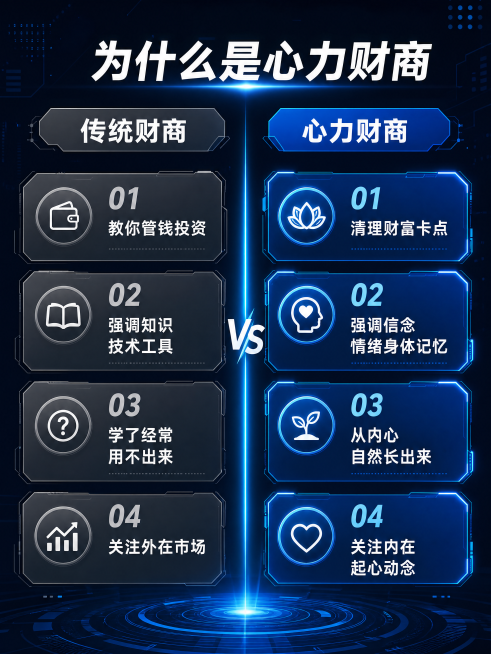 [第3屏] 传统财商 vs 心力财商对比页。现代科技感分栏对比，深色科技背景。顶部大标题"为什么是心力财商"，下方左右分栏，左传统财商右心力财商，发光蓝线分隔，每栏放4个对比要点。对比内容：1.教你管预览效果