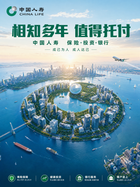 高空航拍全景海报，宇宙视角，中国人寿LOGO 为核心视觉锤，晴朗淡蓝色通透天空，国际化大都市建筑群，摩天商务写字楼，城市建筑组成中国人寿logo的形状，城市中央生态湖泊大片绿地，宽阔江海水面，远洋货轮预览效果