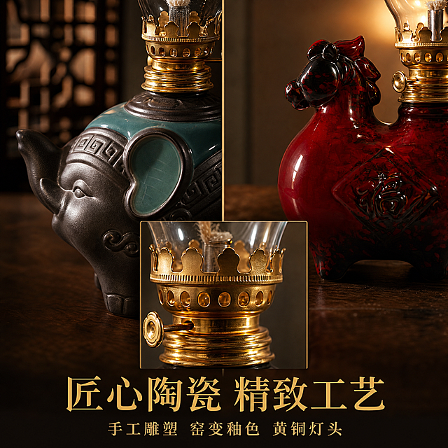 新中式暗调氛围摄影风格主图。两款酥油灯的陶瓷细节微距特写，左侧是吉象款大象头部回纹雕刻与青瓷耳朵细节，右侧是福马款马头与福字浮雕细节，两款产品外观均与各自原图完全一致。中间下方是金色黄铜灯头的雕花细节特写。背景是深胡桃木桌面虚化，左侧有黑色花窗格的模糊轮廓，右侧有暖光光晕。暖黄色侧光打亮陶瓷纹理，质感细腻。画面底部中央文字：大字"匠心陶瓷 精致工艺"暖金色宋体，下方小字「手工雕塑 窑变釉色 黄铜灯头」。整体色调深棕金，暗调高级，微距质感震撼，商业摄影风格。1:1正方形构图，2K超高清。