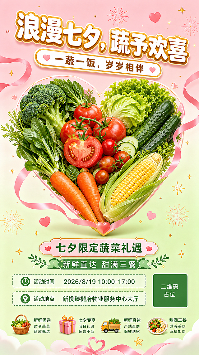 竖版活动海报设计，蔬菜七夕活动主题。画面上方为大标题区域，主标题文字为"浪漫七夕，蔬予欢喜"，副标题文字为"一蔬一饭，岁岁相伴"，标题字体圆润清晰，白色字体配金色描边，醒目大气。画面中间为蔬菜主视觉区域，以新鲜蔬菜为核心，包含番茄、黄瓜、生菜、胡萝卜、玉米、西兰花等食材，蔬菜组合成浪漫爱心造型，蔬菜新鲜饱满有光泽，细节丰富。背景为柔和奶油粉与浅绿色渐变，温馨浪漫。画面中点缀少量金色星光、粉色丝带、小爱心和烟花元素，增添节日氛围。画面下方留出活动信息区域，底部文字为"七夕限定蔬菜礼遇"和"新鲜直达 甜满三餐"，以及活动时间"2026/8/19 10:00-17:00"和活动地点"新投臻樾府物业服务中心大厅"，正文用深绿色圆润字体。整体风格清新、浪漫、可爱、有烟火气，画面干净高级。版式精美，排版层次分明，四周留足安全边距。平面海报设计，高清细节，2K分辨率。画面中所有信息区域必须填充完整合理的内容，不得出现空白框或空白占位。画面中所有二维码区域使用纯色方块占位符呈现，方块中央标注"二维码占位"文字，严禁生成任何可识别的二维码图案。画面中所有数字必须精确渲染，不得错位、遗漏或编造。