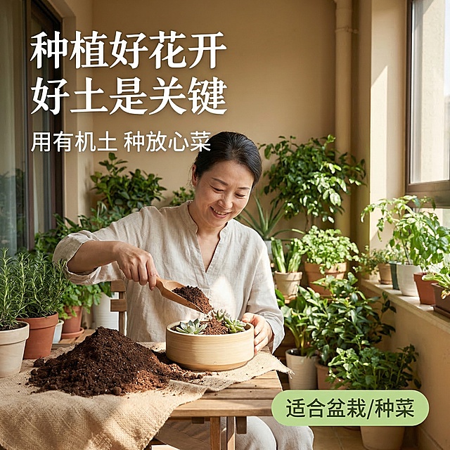 [主图主题]有机农场田园土 场景体验展示主图（无包装）
[氛围/风格]温馨家居园艺风格，自然生活感
[画面元素]一位亚洲女性爱好者正在阳台用无包装的有机田园土栽种多肉盆栽，松散的有机土壤从木铲倒入花盆中，旁边堆放着纯净的原土堆，阳台背景布满绿意盎然的盆栽植物，阳光从侧面窗户口照进来，形成柔和光影，整体画面呈现轻松愉悦的种植体验，背景铺满全屏无边框
[配色色系]主色调：绿色（盆栽植物）、暖米色（阳台墙面）；辅助色：深褐（土壤），浅木色（花盆/木铲）
[视角构图]45度侧视角，景深适中，人物与产品自然融合
[文字版式]主标题“种植好花开 好土是关键”，副标题“用有机土 种放心菜”，右下角浅绿圆角标签“适合盆栽/种菜”，采用“生活场景+悬浮文案”布局，文字不遮挡人物面部和主体产品，整体自然协调。