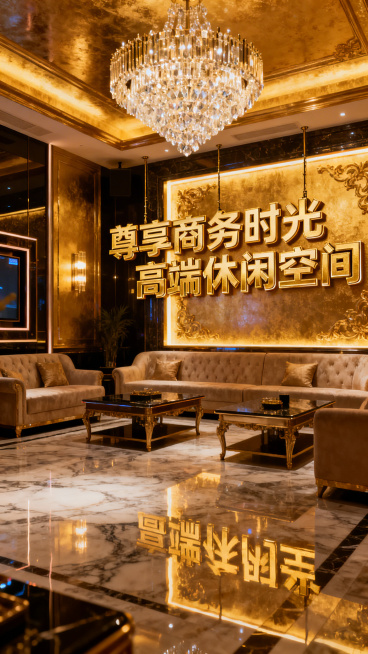 西安商务KTV场景，奢华大气的装修，精致的灯光，搭配“尊享商务时光”“高端休闲空间”这类文字，无公司名称、联系方式、二维码预览效果
