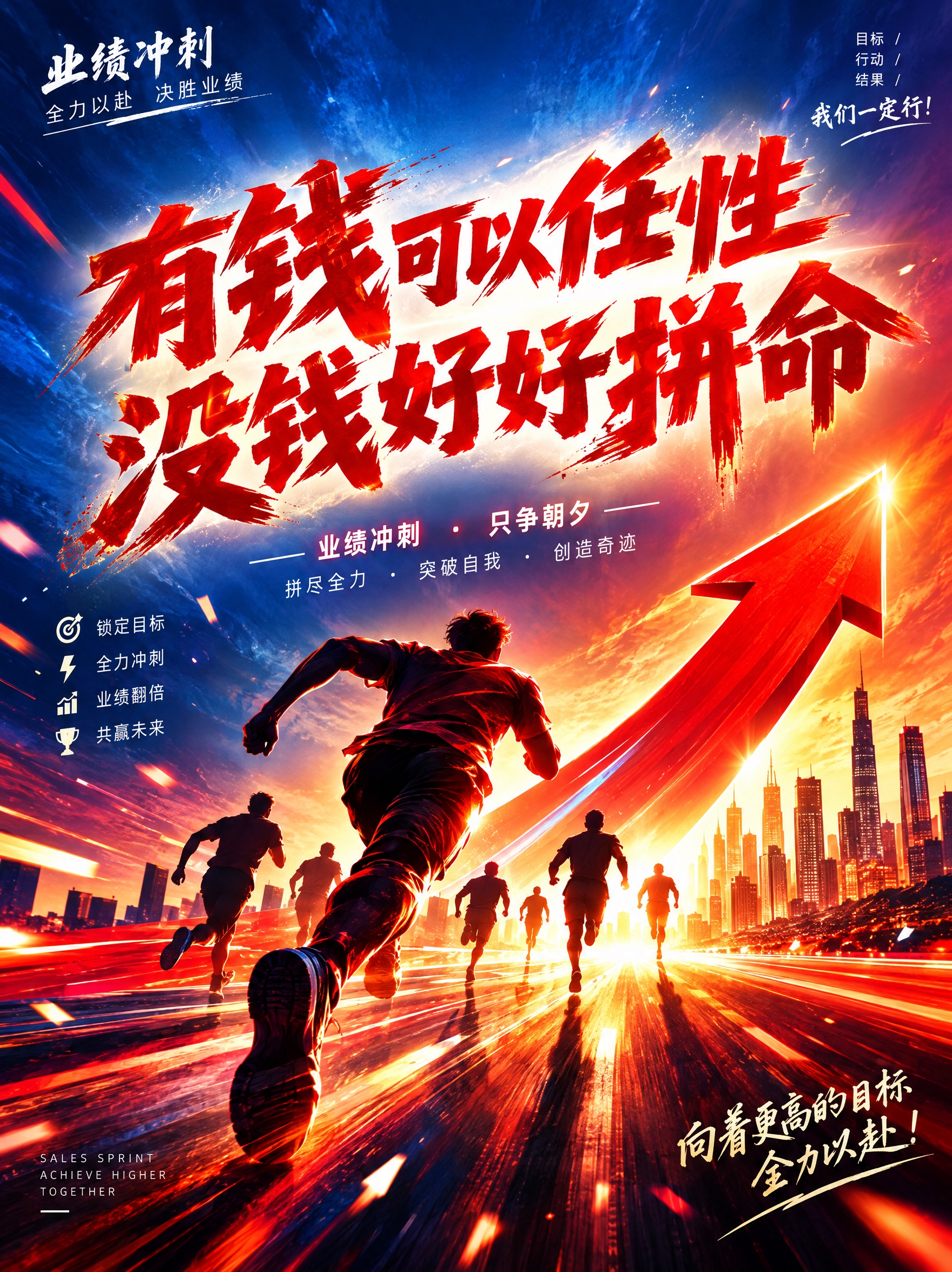 业绩冲刺主题海报，动感燃情风格，整体构图饱满有冲击力。画面中央… - 图片创意预览