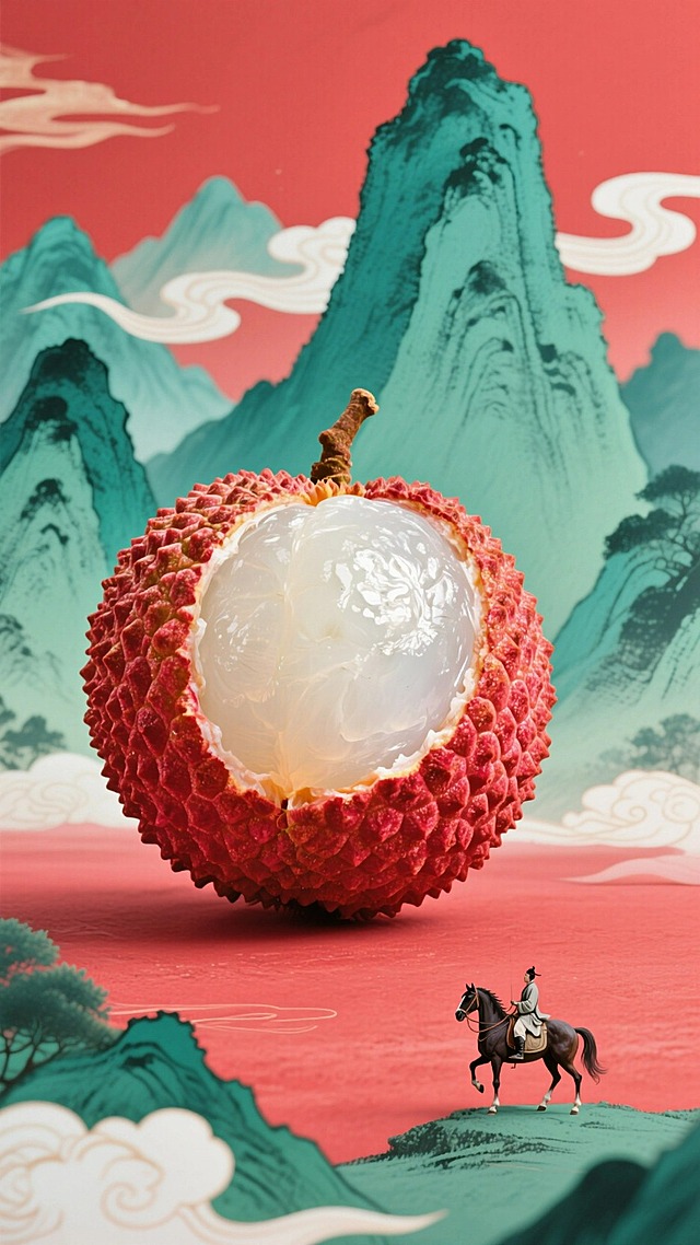 国风插画，主视觉为一颗巨型荔枝，剥开露出晶莹如玉的果肉，荔枝矗立在岭南青绿山峦前，比例巨大， 右下角为骑马使者，荔枝与人物形成强烈比例对比，背景为红底色，融入青绿水墨山峦祥云元素，留白通透。