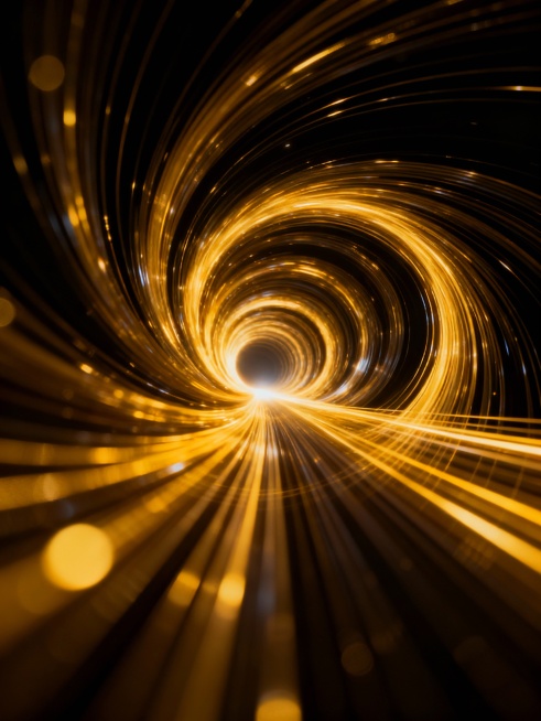 3D渲染风格的隧道场景，以深邃的黑色为背景，充满动感的金色和黄色光线构成螺旋状的隧道结构，光线呈现出平滑的渐变质感和流动的速度感，光源从隧道深处向外发散，形成明亮的高光和模糊的光斑效果，整体画面营造出科技感与未来感的氛围，光线线条密集且有层次地向远处汇聚，光影层次分明，视觉引导线从画面底部延伸至中央深处，展现出强烈的空间纵深感和动态张力。预览效果