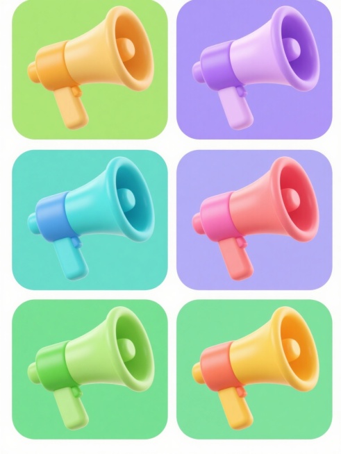 一套6个完全不同配色的卡通风格扩音器图标素材集合，每个图标均保持相同的圆润造型、简洁线条和光滑塑料质感，采用纯色背景，整体呈规整的网格排布，扩音器由喇叭口、中段和手柄三部分组成，每个部分使用不同深浅的同色系色彩搭配，色彩明快鲜艳，风格统一，无任何文字或标识元素预览效果