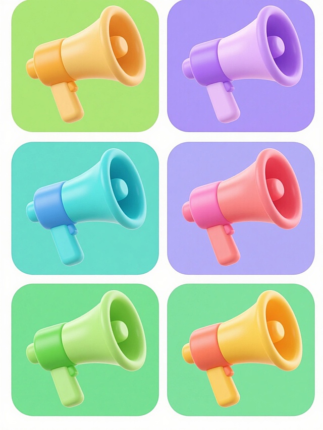 一套6个完全不同配色的卡通风格扩音器图标素材集合，每个图标均保持相同的圆润造型、简洁线条和光滑塑料质感，采用纯色背景，整体呈规整的网格排布，扩音器由喇叭口、中段和手柄三部分组成，每个部分使用不同深浅的同色系色彩搭配，色彩明快鲜艳，风格统一，无任何文字或标识元素